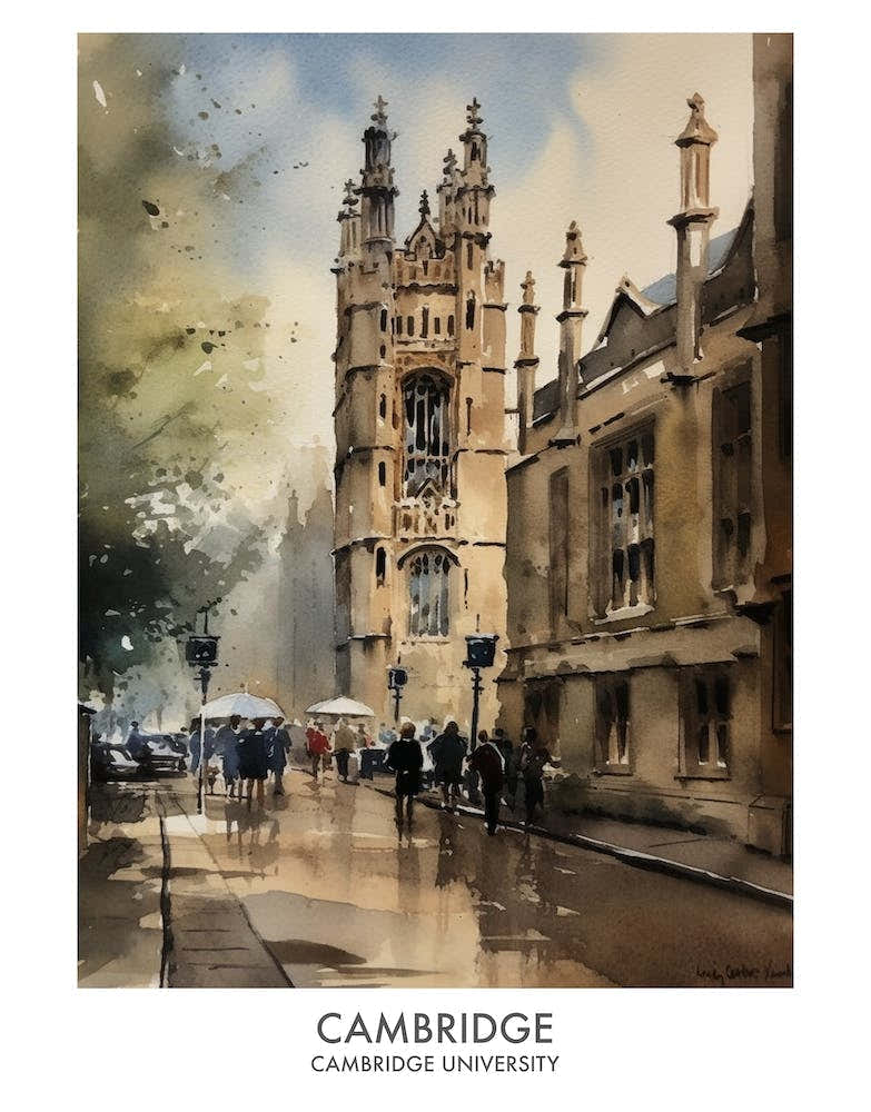 Cambridge University 2 Watercolor Travel Poster