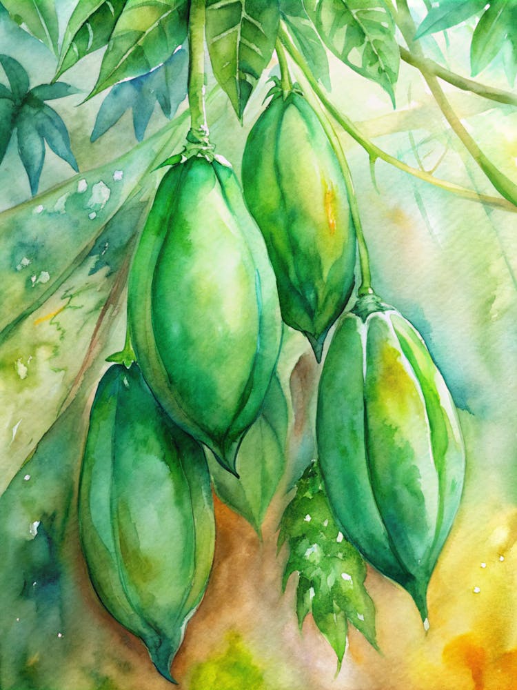 3 Bright Green Papayas Hanging From The Tree (1)