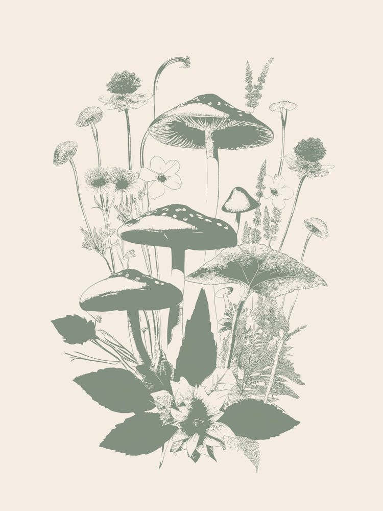 Mushrooms in Sage Green, y2k, Fungi, Cottage Core