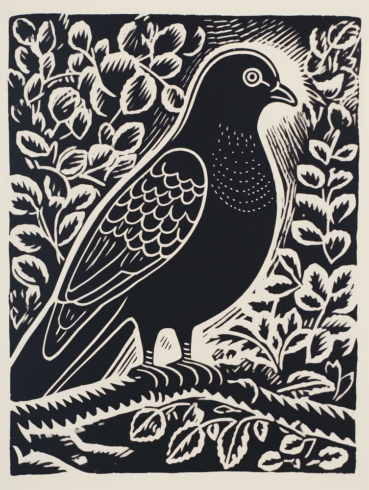 B&W Bird Linocut Pigeon 1