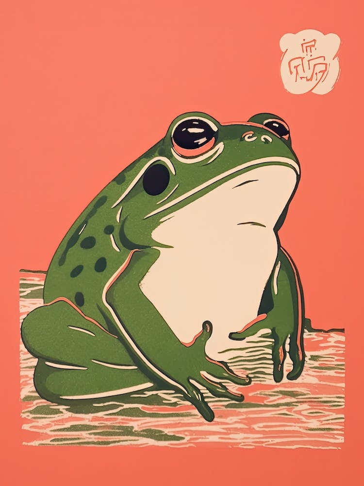 Frog Unimpressed, Matsumoto Hoji Inspired Japanese Green And Pink 1