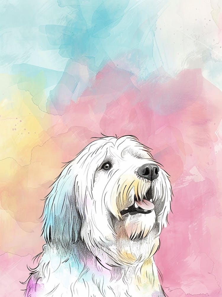 Old English Sheepdog Pastel Line Watercolour Illustration  3