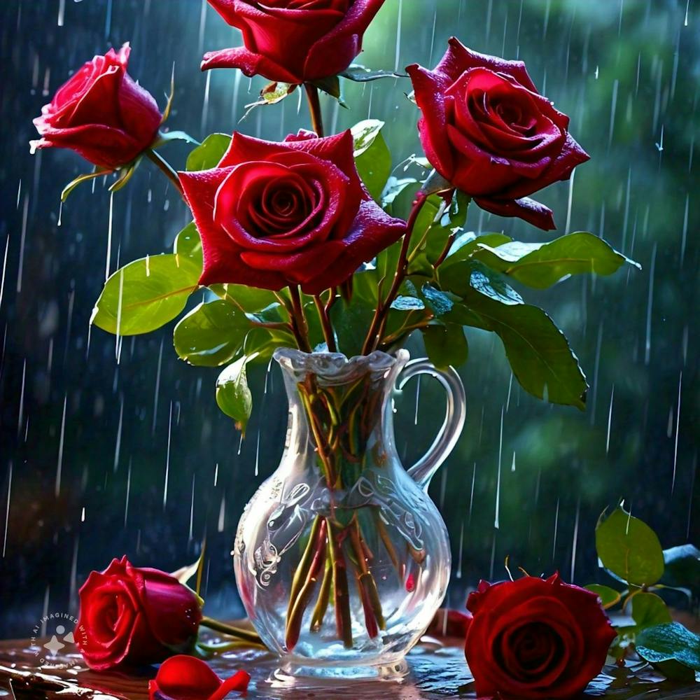 Red roses in a rain