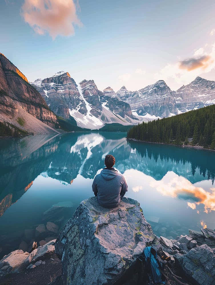 Man Sitting On Rock Overlooking Lake
