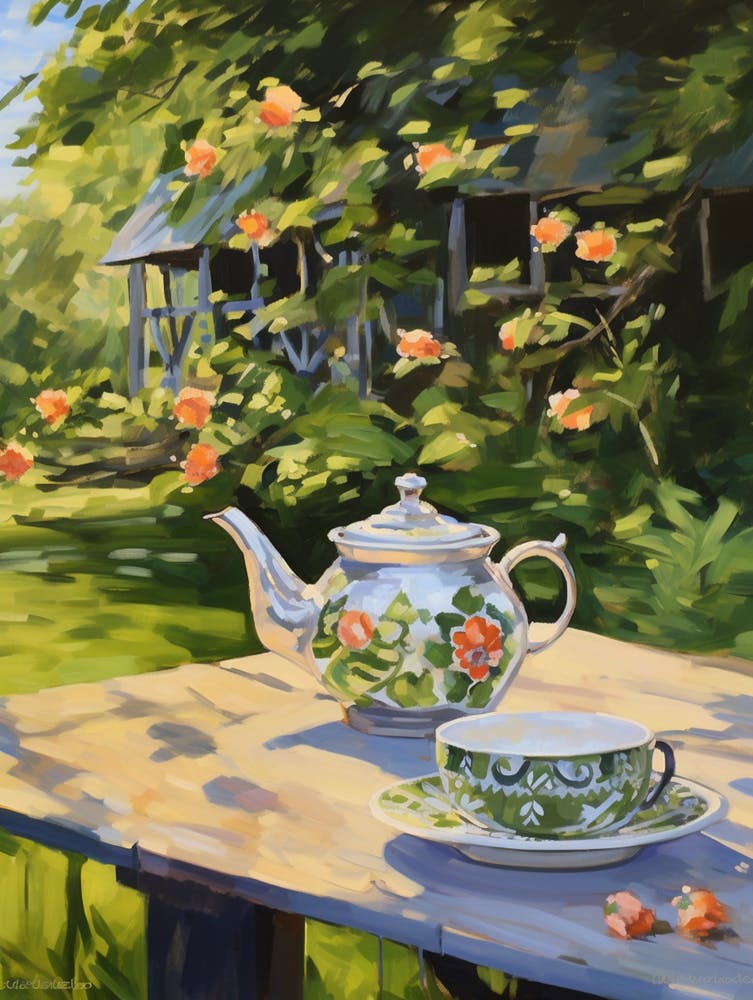 Tea Pot On The Table In Garden - expressionism