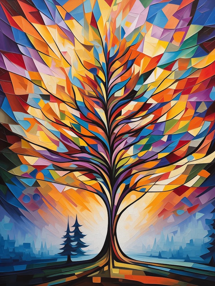 Vibrant Tree at Sunset IV, Abstract Colorful Painting in Van Gogh Style