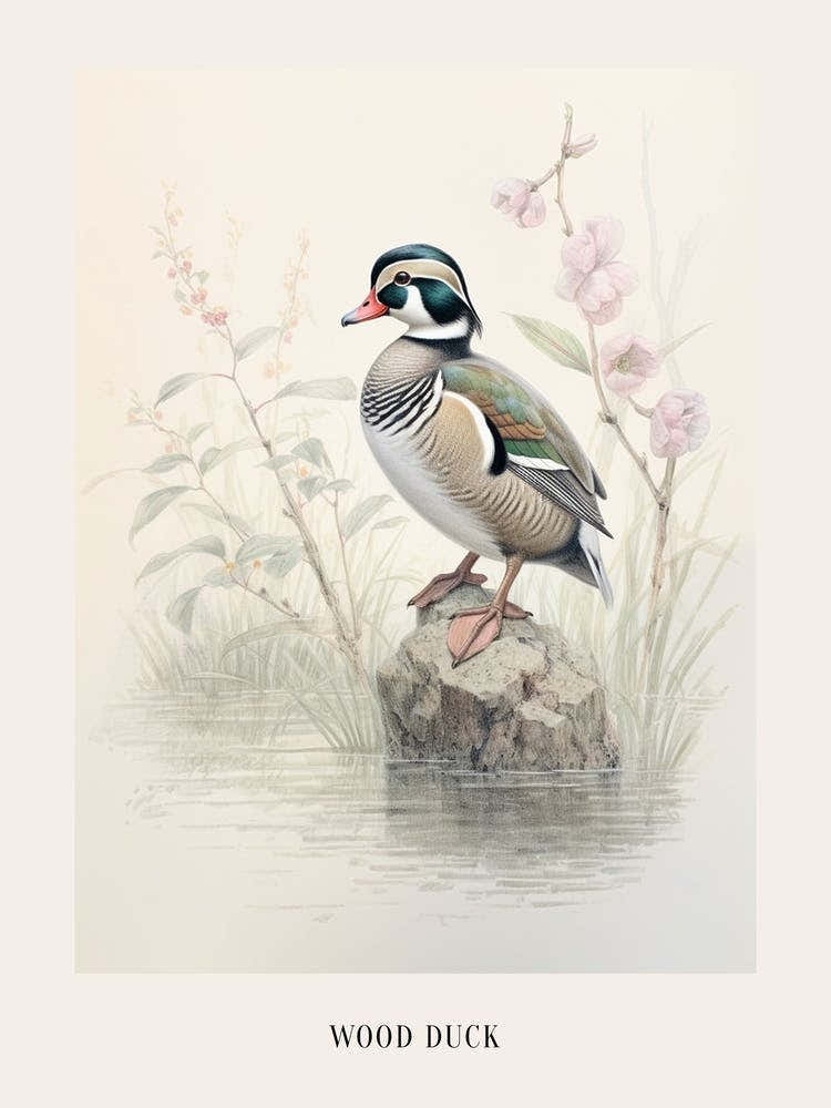 Vintage Bird Drawing Wood Duck 2 Poster