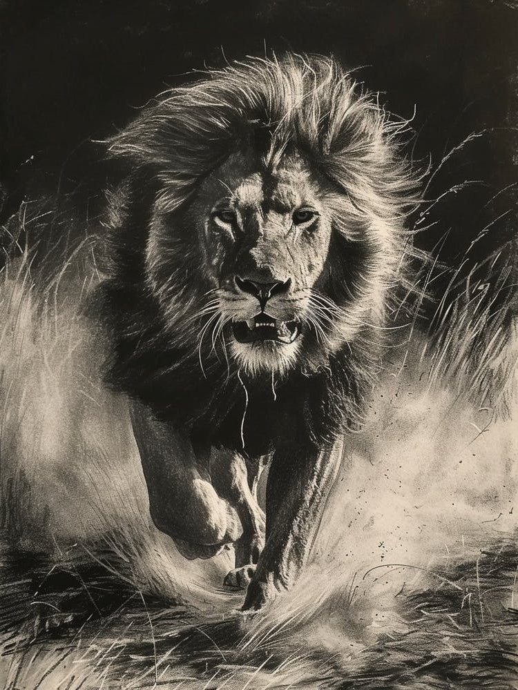 Barbary Lion Charcoal Drawing Hunting 2