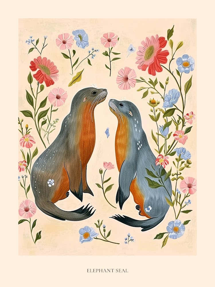 Folksy Floral Animal Drawing Elephant Seal Poster