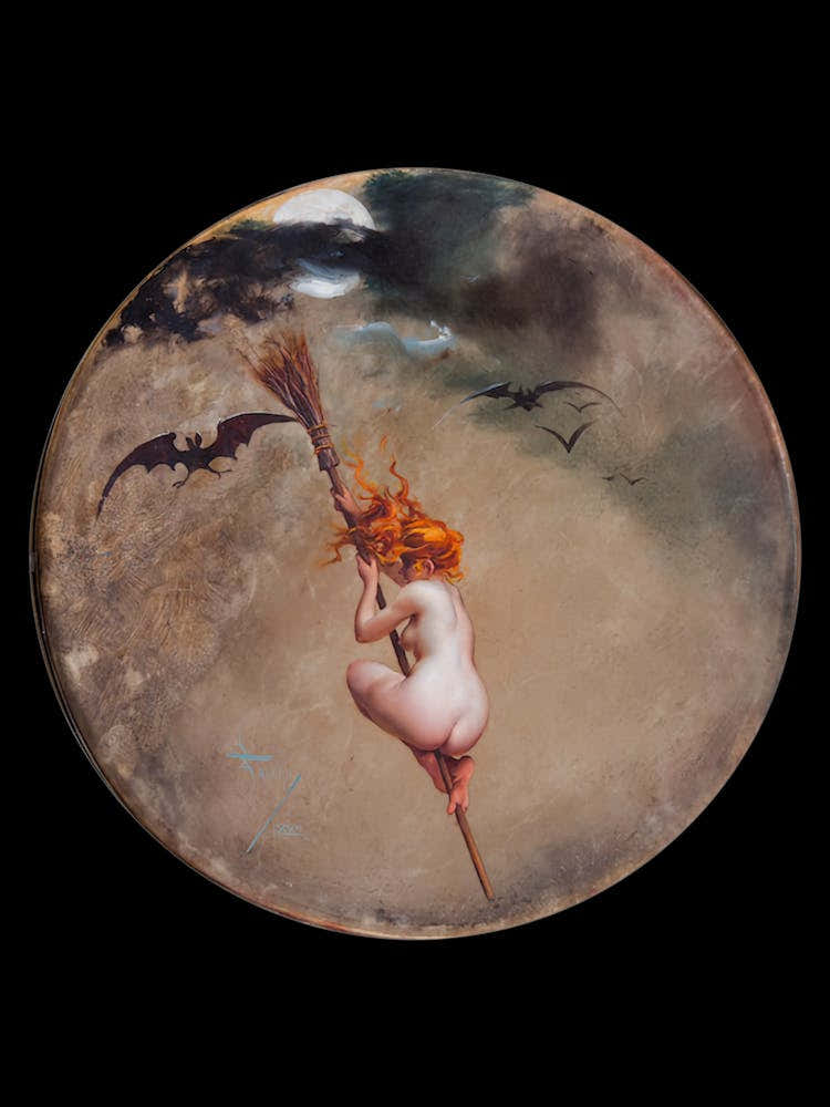 Witch on a Broomstick 1882 by Luis Ricardo Falero - Vintage Witchy Art Nude Witches Black Bat Redhead Famous Oil Painted Originally on a Tamberine Black Background High Resolution Remastered Pagan Naked Witchcore Gothic Cool
