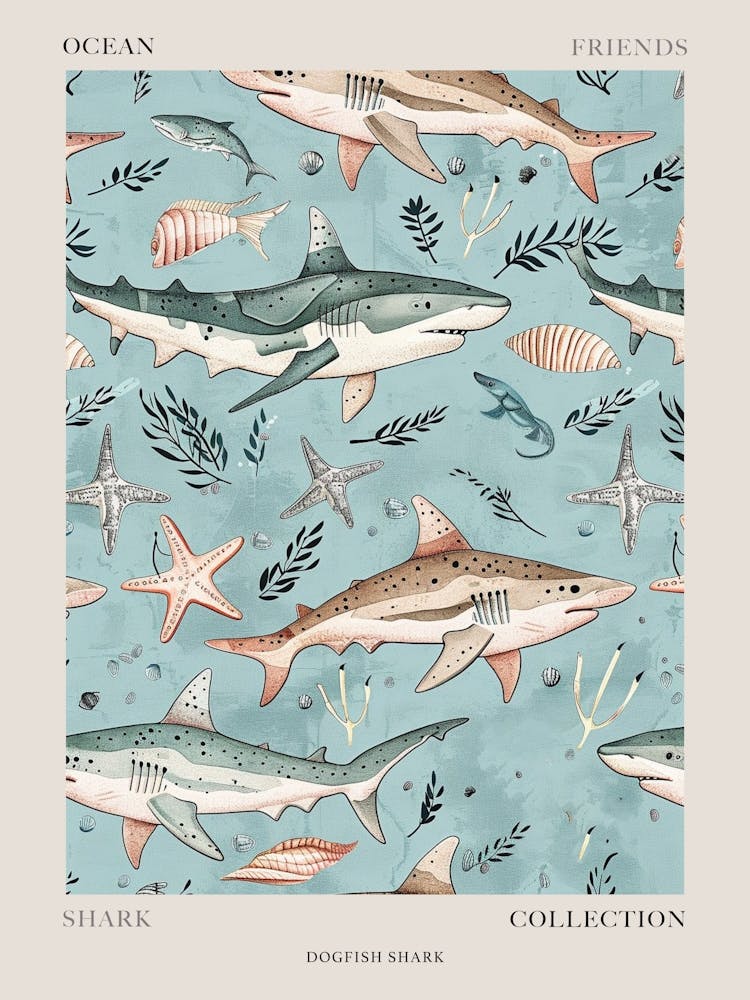 Pastel Blue Dogfish Shark Watercolour Seascape Pattern 2 Poster