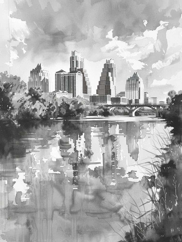 Skyline Austin Texas Black And White Watercolour 4