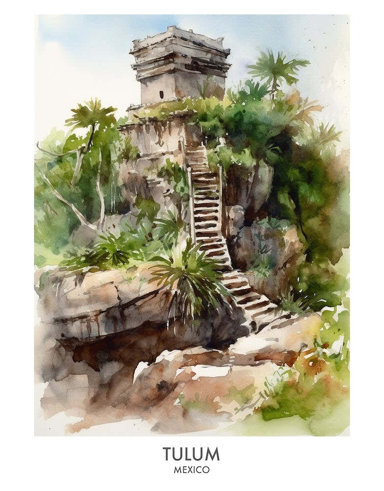 Tulum Mexico Watercolour Travel Poster