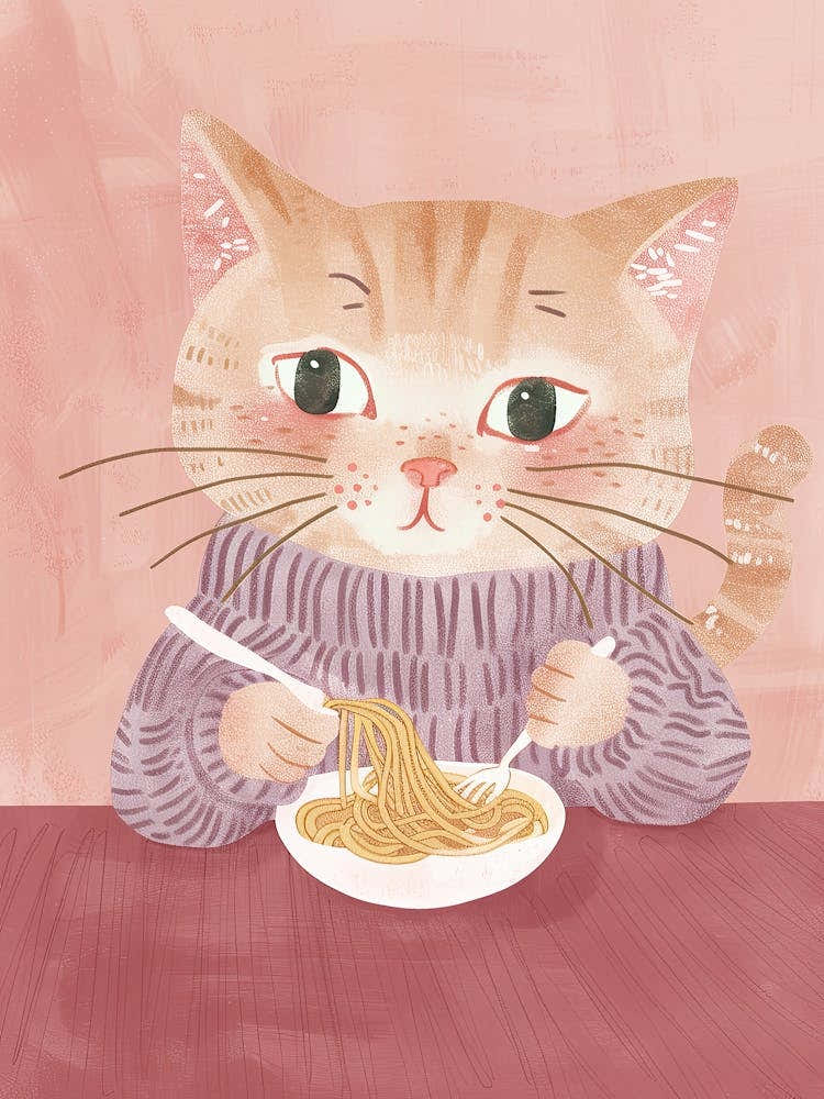 Tan Cat Pasta Lover Folk Illustration 1