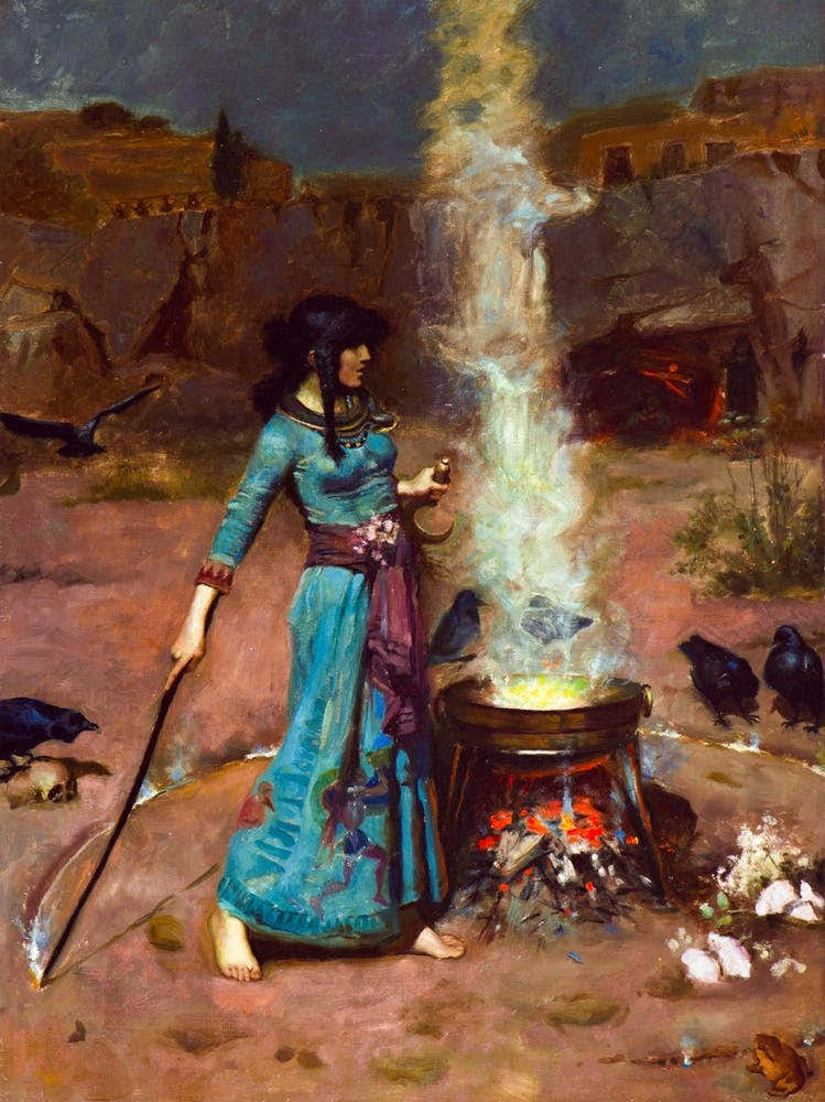 The Magic Circle by John William Waterhouse - Remastered Oil Painting Mythological Pagan Witchy Fairytale Dreamy Occult Magick Goddess Featuring The Blue Dress, Cauldron, Smoke, Frog and Crows
