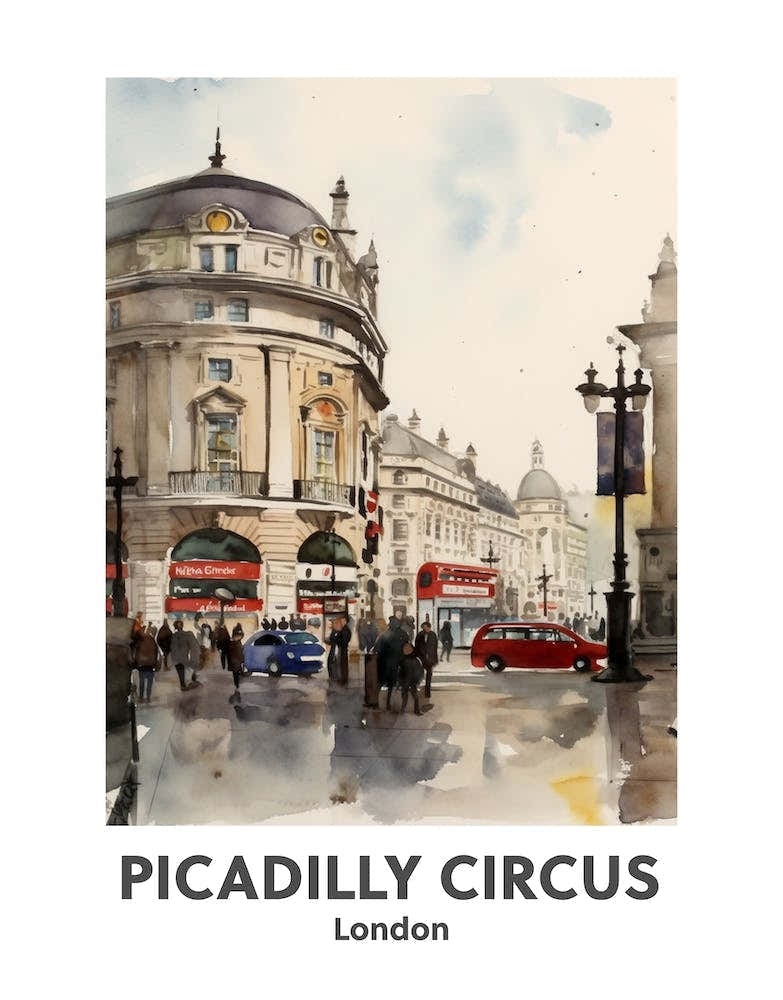 Piccadilly Circus, London 6 Watercolour Travel Poster
