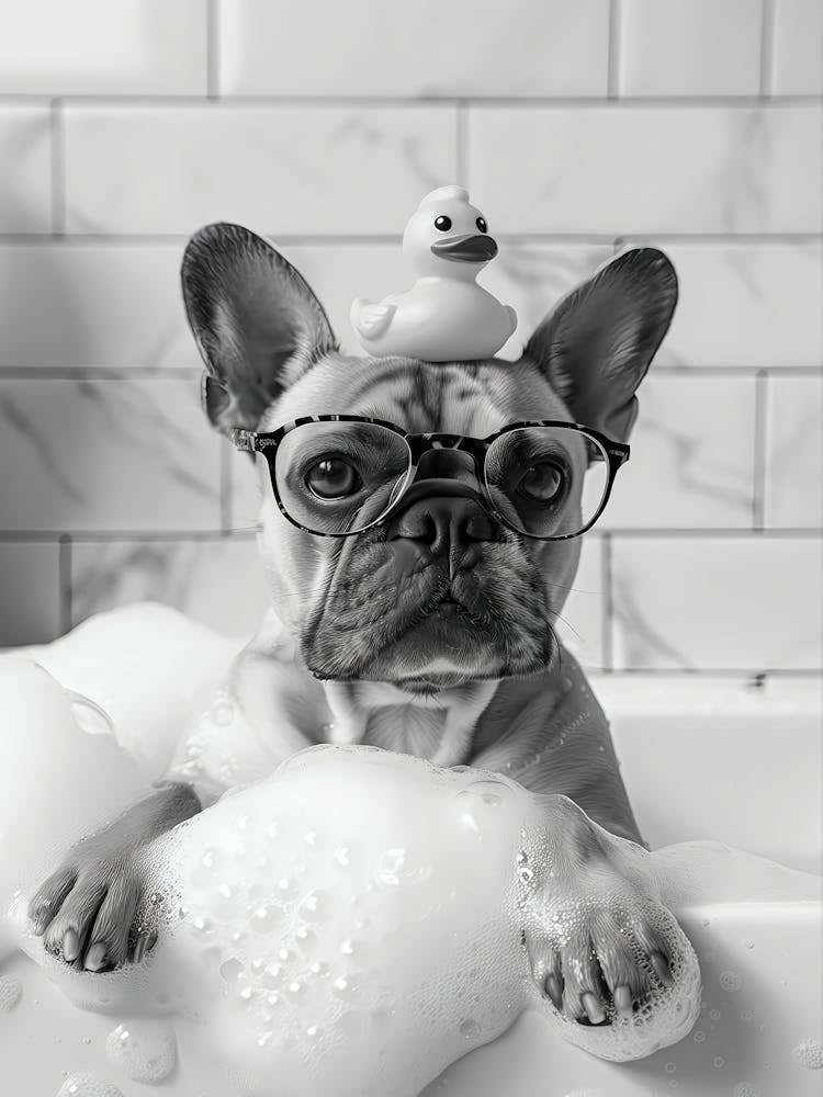 Frenchie Bath Wall Art, Dog And Rubber Duck, French Bulldog, Black And White Print, Dog Owner Gift, Funny Dog Poster, Bathroom Wall Decor