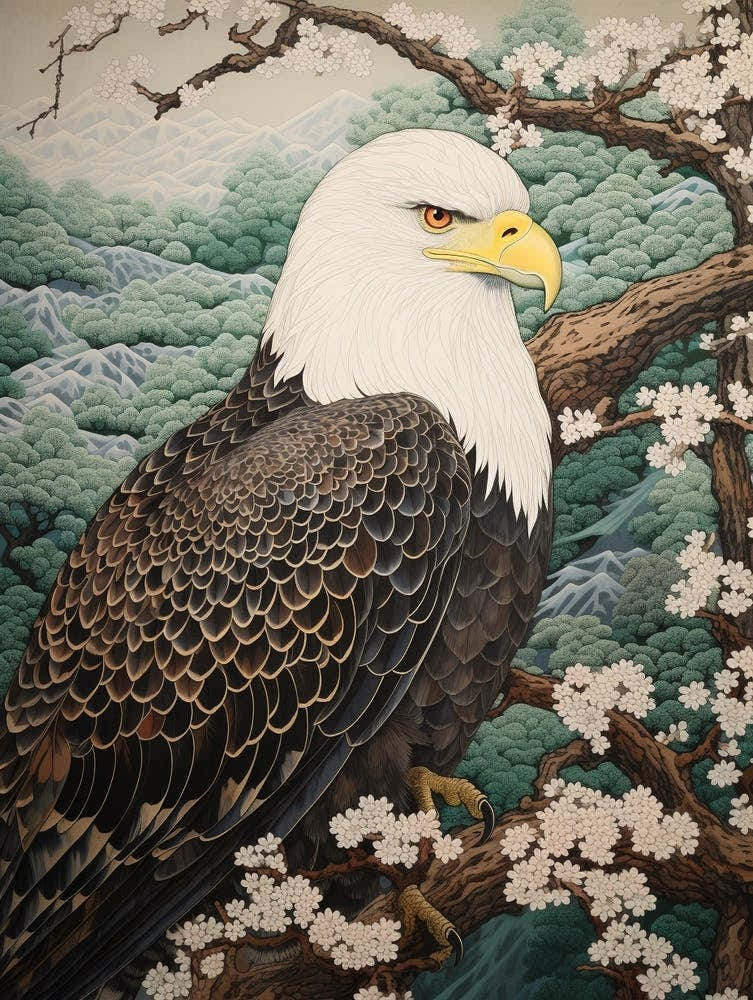 Ohara Koson Inspired Bird Painting Bald Eagle 2