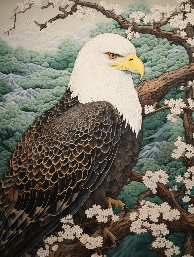 Ohara Koson Inspired Bird Painting Bald Eagle 2