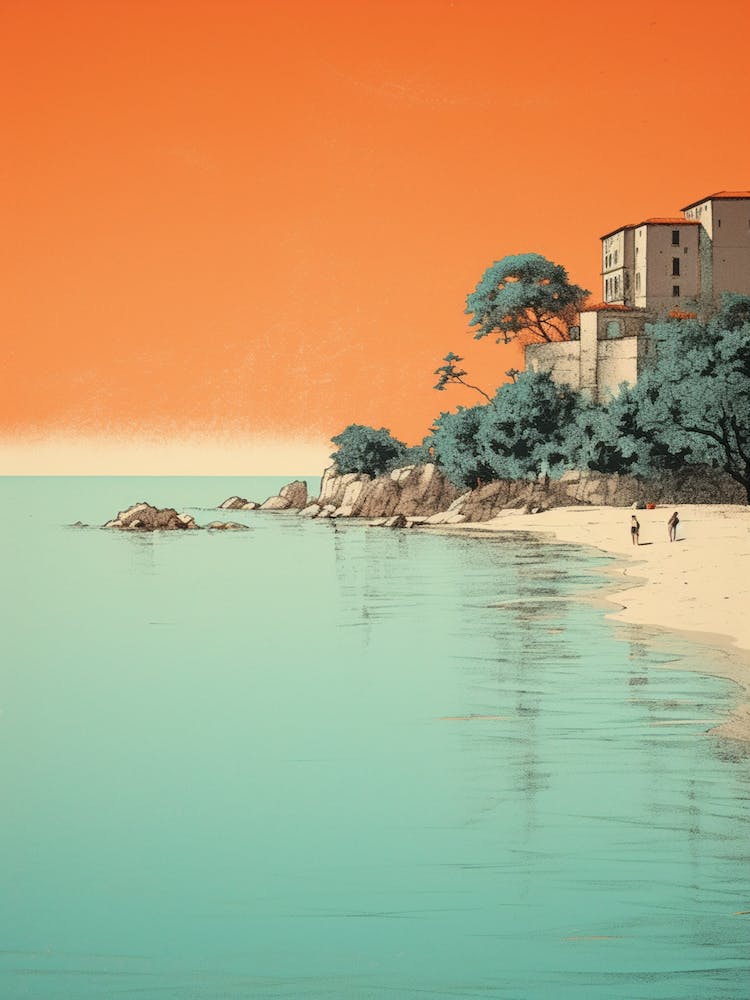 A Drawing Of Sveti Stefan Beach Montenegro Orange Tones 2