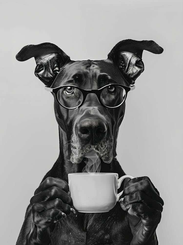 Great Dane And Coffee Wall Art, Black And White Print, Coffee Lover Print, Dog Gift, Funny Dog Poster, Coffee Bar Art, Kitchen Wall Decor