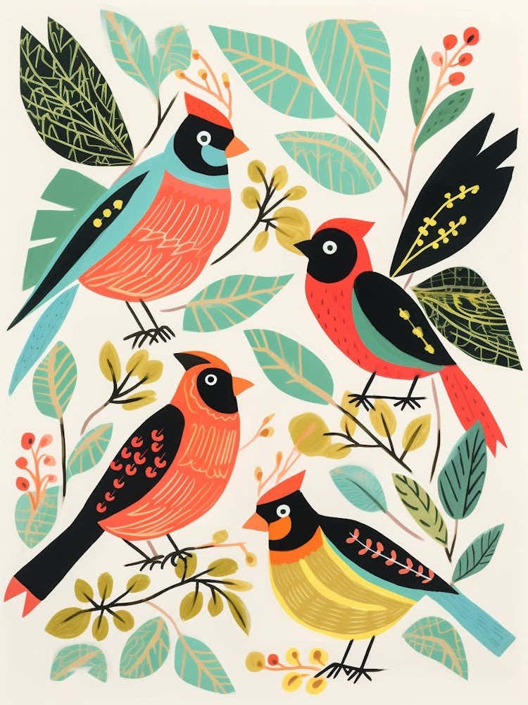 Folk Style Bird Painting Northern Cardinal 2