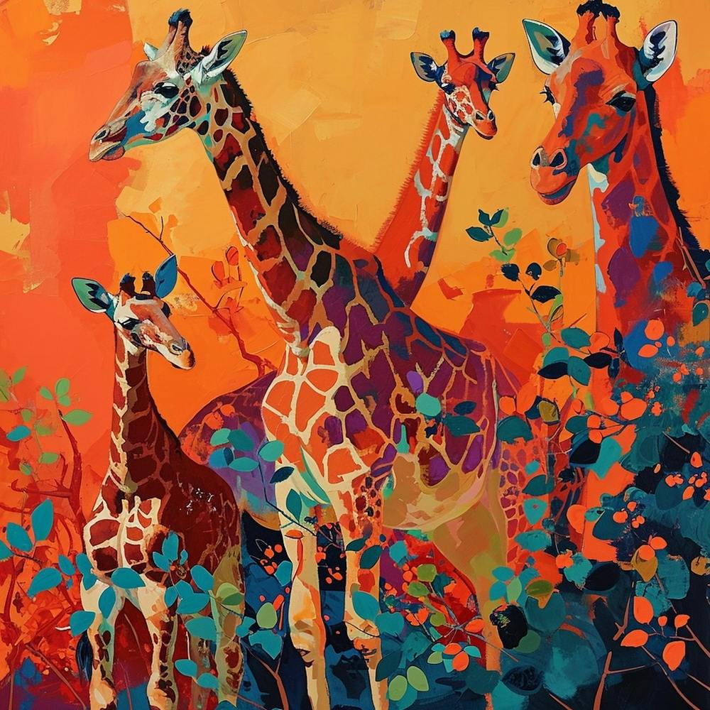 Giraffes Amongst The Leaves Acrylic Style Painting 2