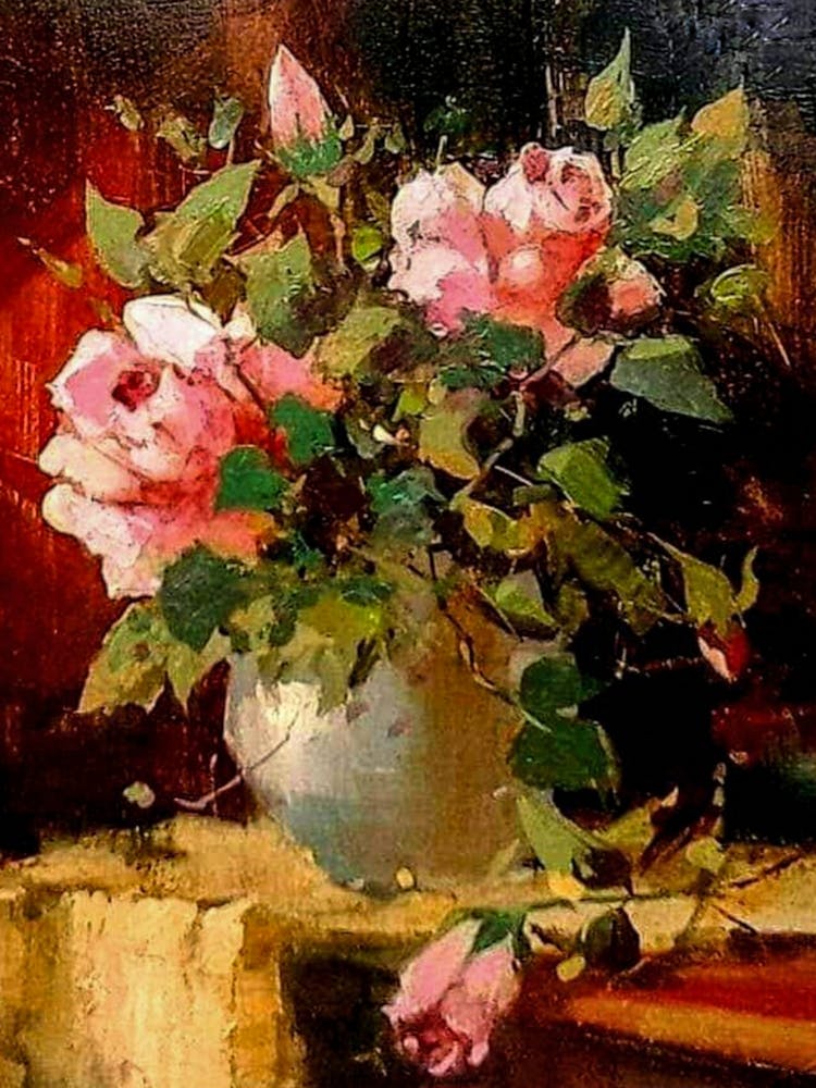 Antique Art - Vase of Pink Roses | Oil on Panel