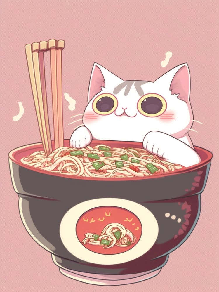 Cat Eating Ramen Kawaii Illustration1