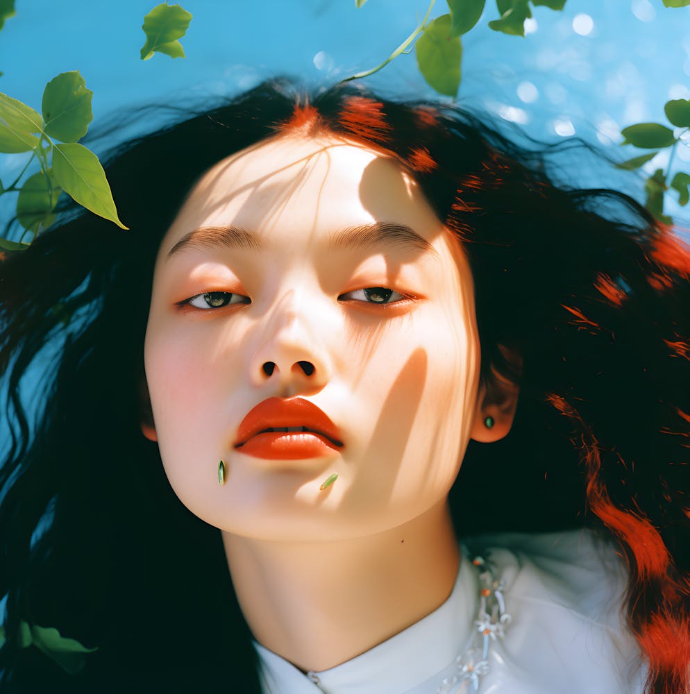 Korean girl in white dress surrounded by leaves. 2023