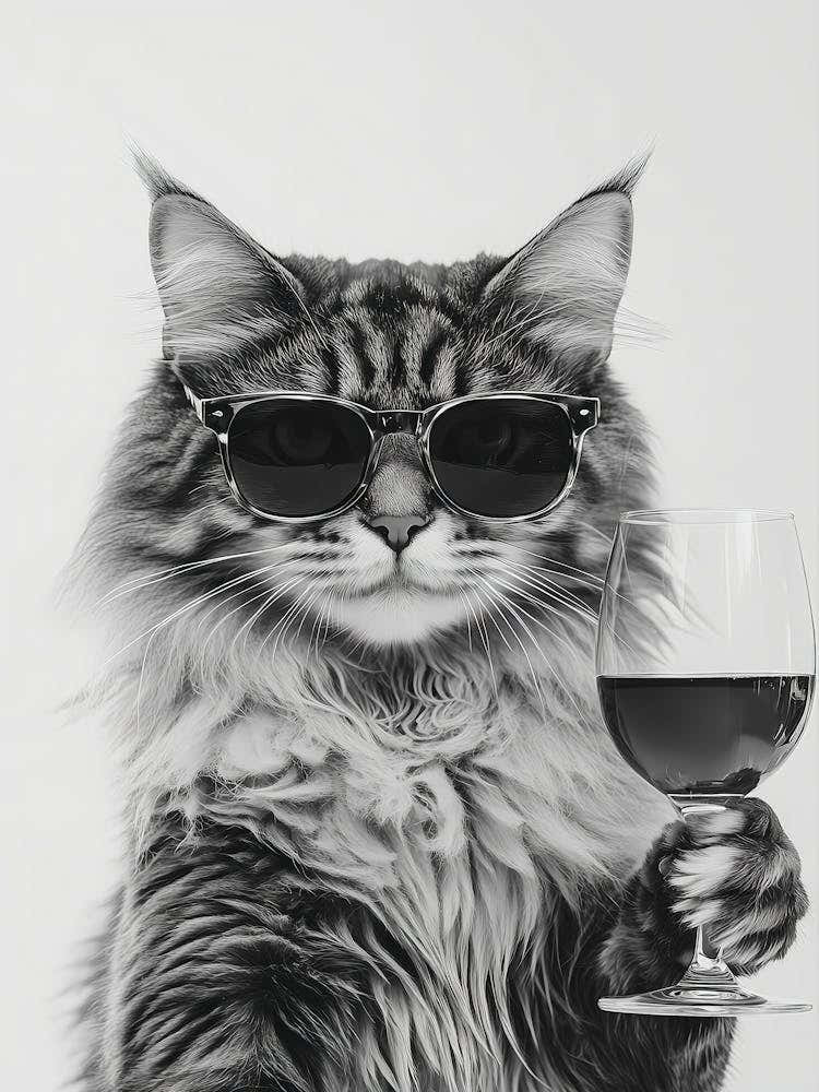 Maine Coon Cat Drinking Wine Wall Art, Black And White Print, Bar Cart Print, Cat Owner Gift, Funny Cat Poster, Bar Decor, Kitchen Decor