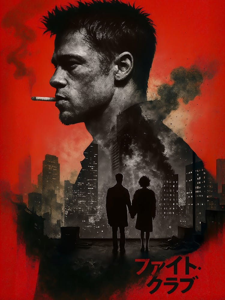 Fight Club Movie Poster: Unleash chaos with this striking Fight Club poster featuring Brad Pitt as Tyler Durden in a red and black double exposure style. A cult classic by David Fincher, blending urban grit, smoke, and Japanese-influenced design — perfect for fans of bold cinema and underground rebellion.
