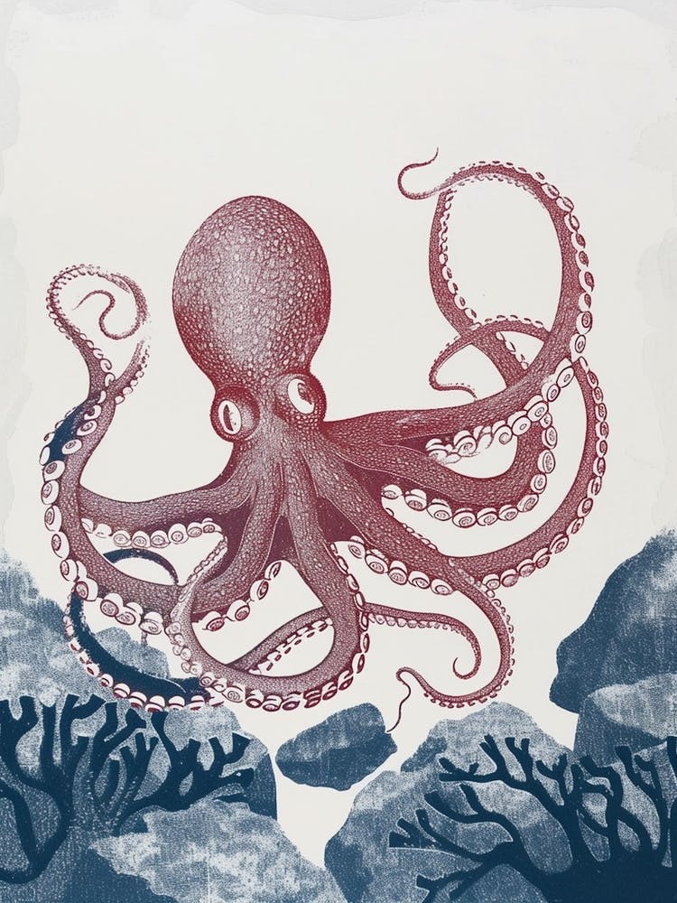 Red Octopus Linocut On The Ocean Floor Linocut Inspired 2