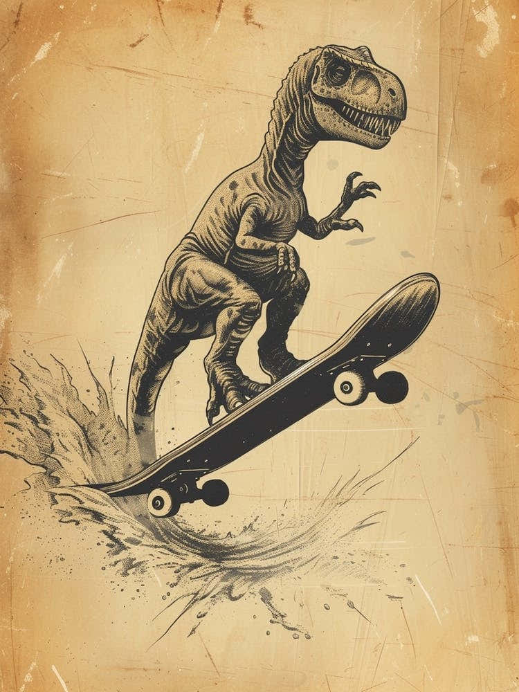 Vintage Dilophosaurus Dinosaur On A Skateboard 1