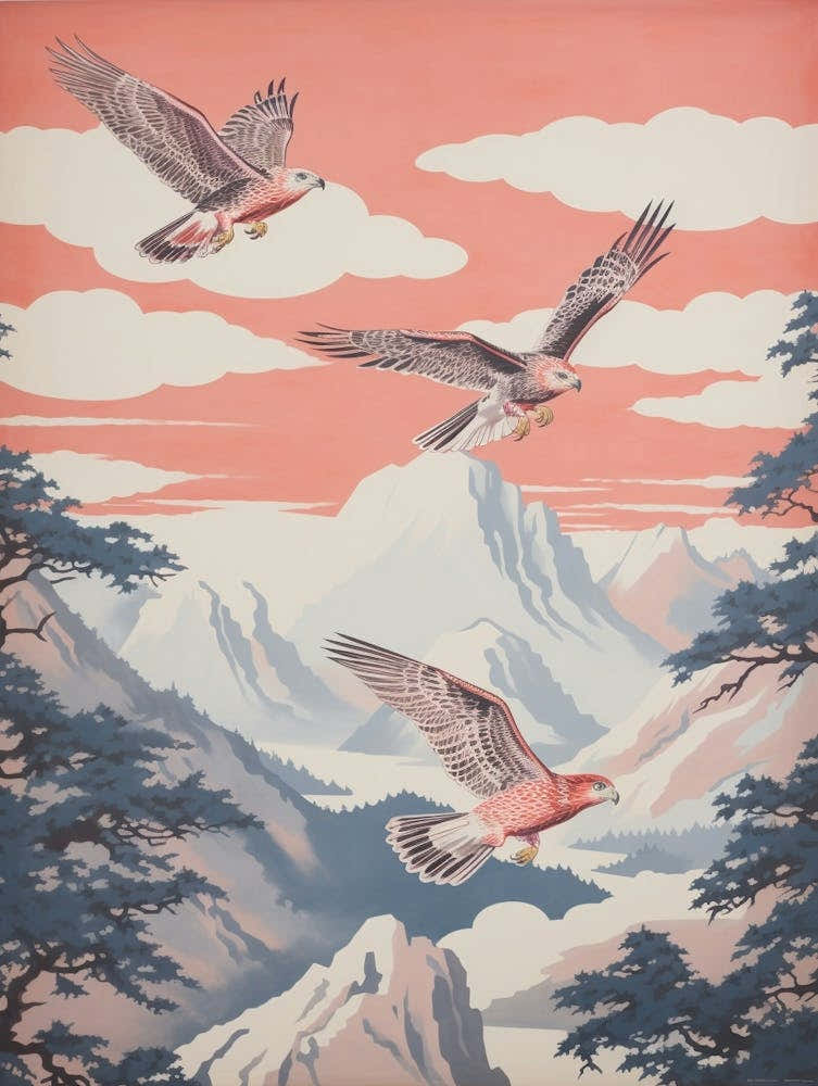 Vintage Japanese Inspired Bird Print Red Tailed Hawk 1