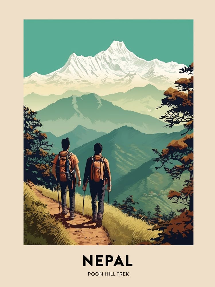 Poon Hill Trek Nepal 4 Vintage Hiking Travel Poster