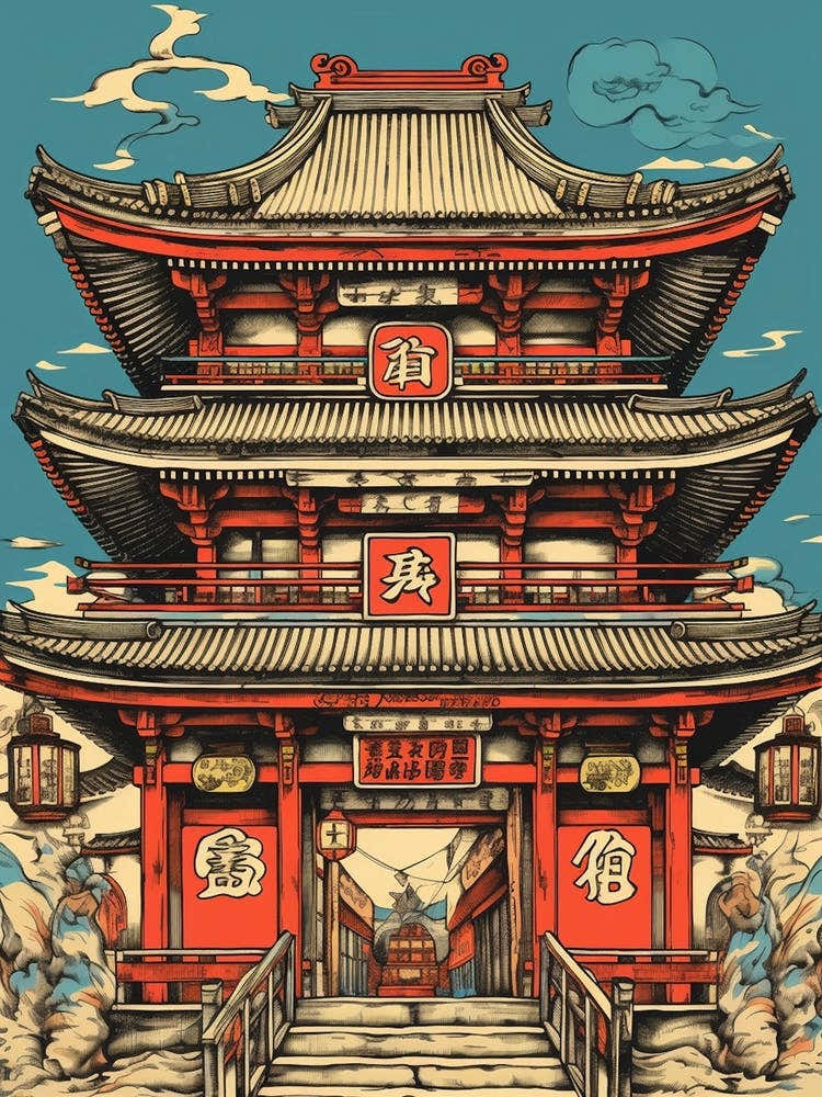 Asakusa Shrine, Japan Vintage Travel Art 3