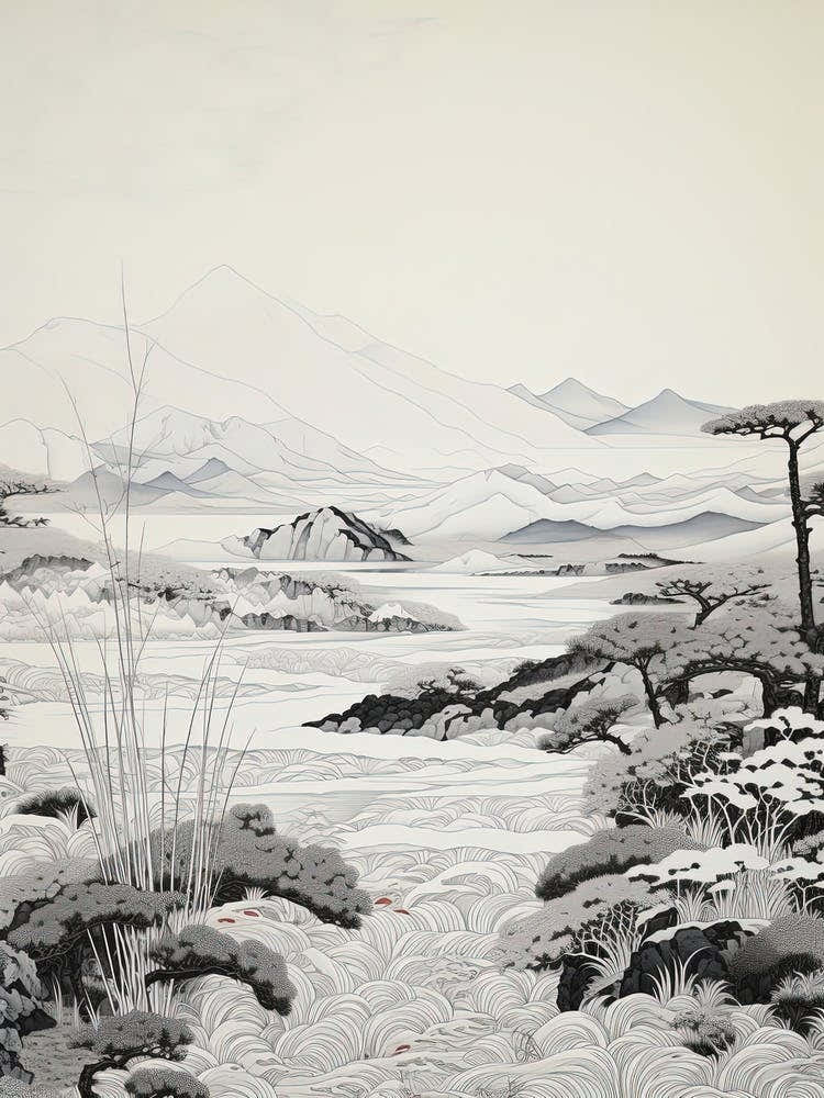 San In Coast In Tottori,, Ukiyo E Black And White Line Art Drawing 3
