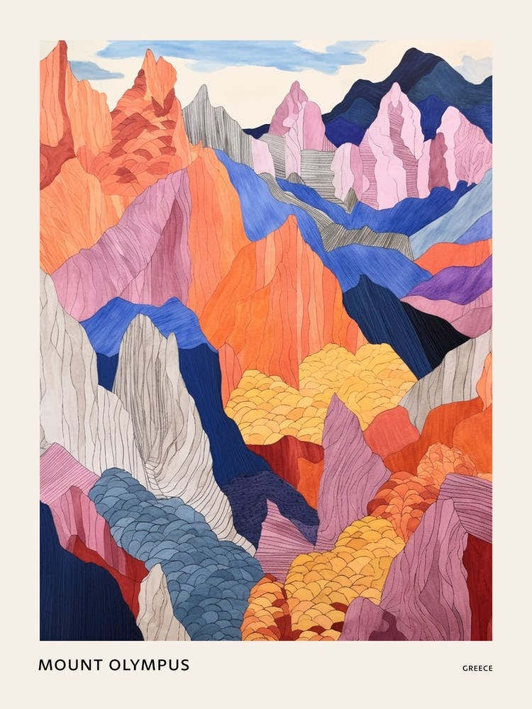 Mount Olympus Greece 1 Colourful Mountain Illustration Poster