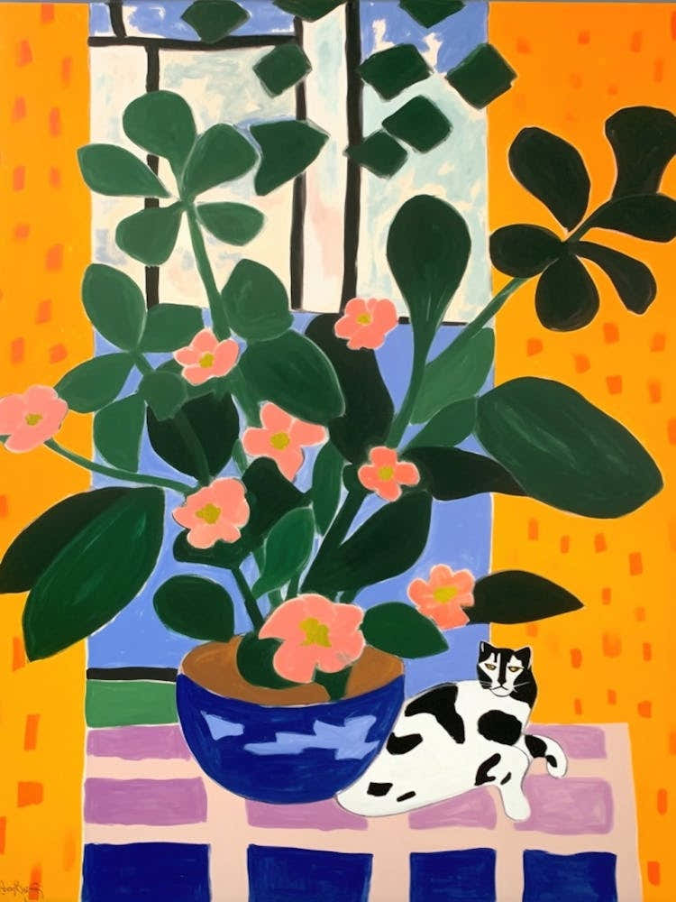 A Painting Of A Still Life Of A Lilies With A Cat In The Style Of Matisse 2