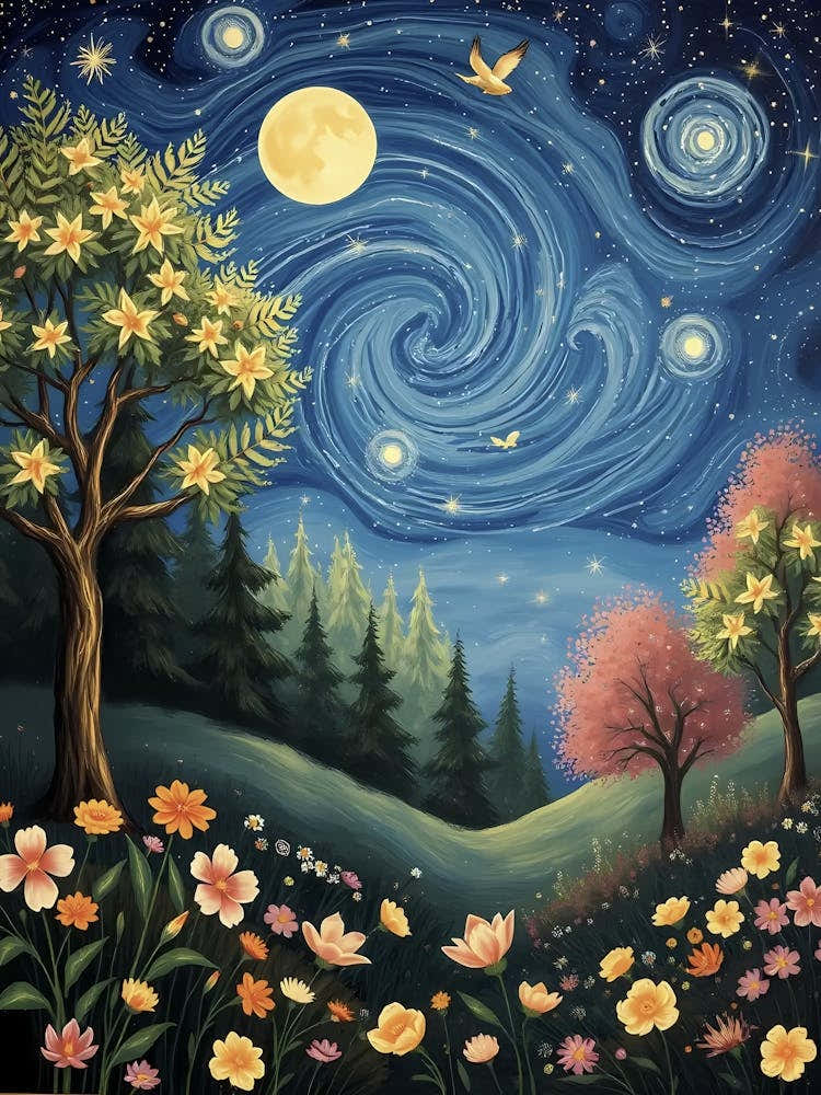 A Whimsical Starry Night Forest With Trees And Blooming flowers, Painting Art