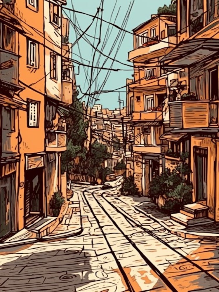 Painting Of Athens Greece In The Style Of Line Art 1