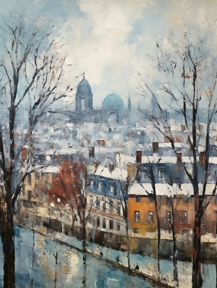Winter City Park Painting Parc De Belleville Paris France 1