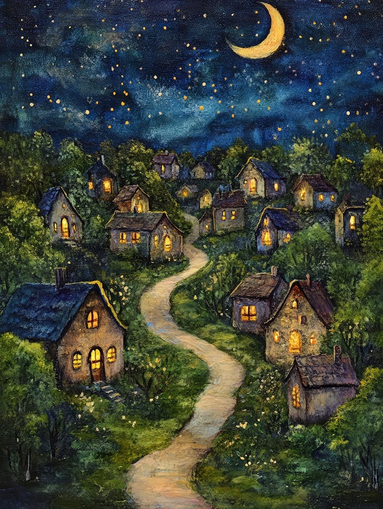 Village At Night With Stars and Moon In The Sky 10