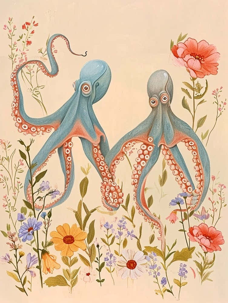 Folksy Floral Animal Drawing Octopus 4