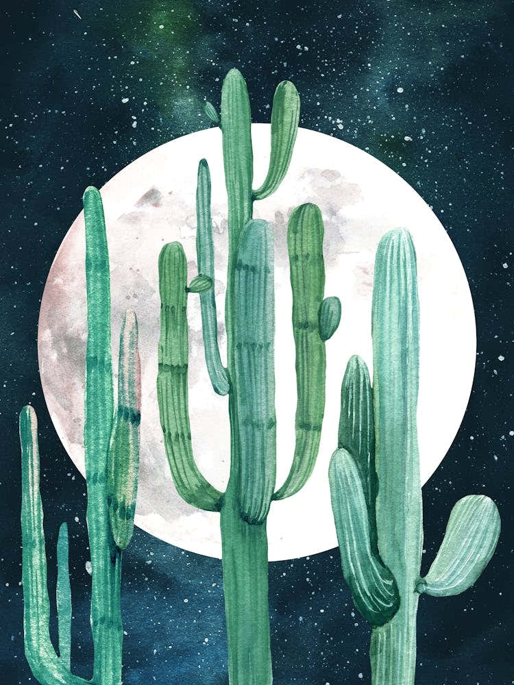 Cactus And Moonrise Boho Watercolor