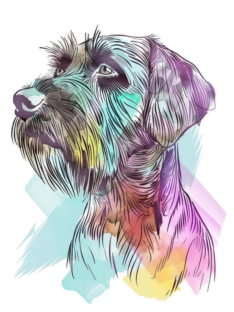 Wirehaired Pointing Griffon Dog Pastel Line Watercolour Illustration  1