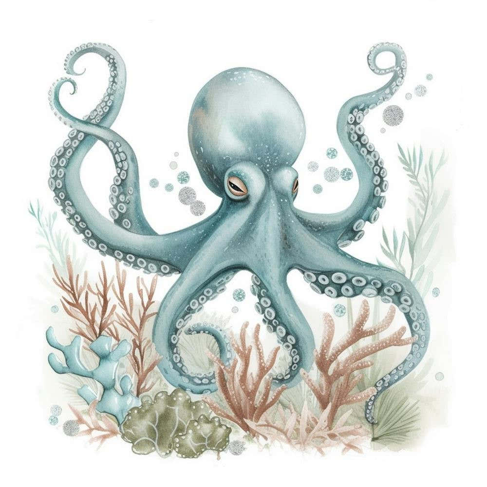 Cute Storybook Style Octopus Blue & White  2