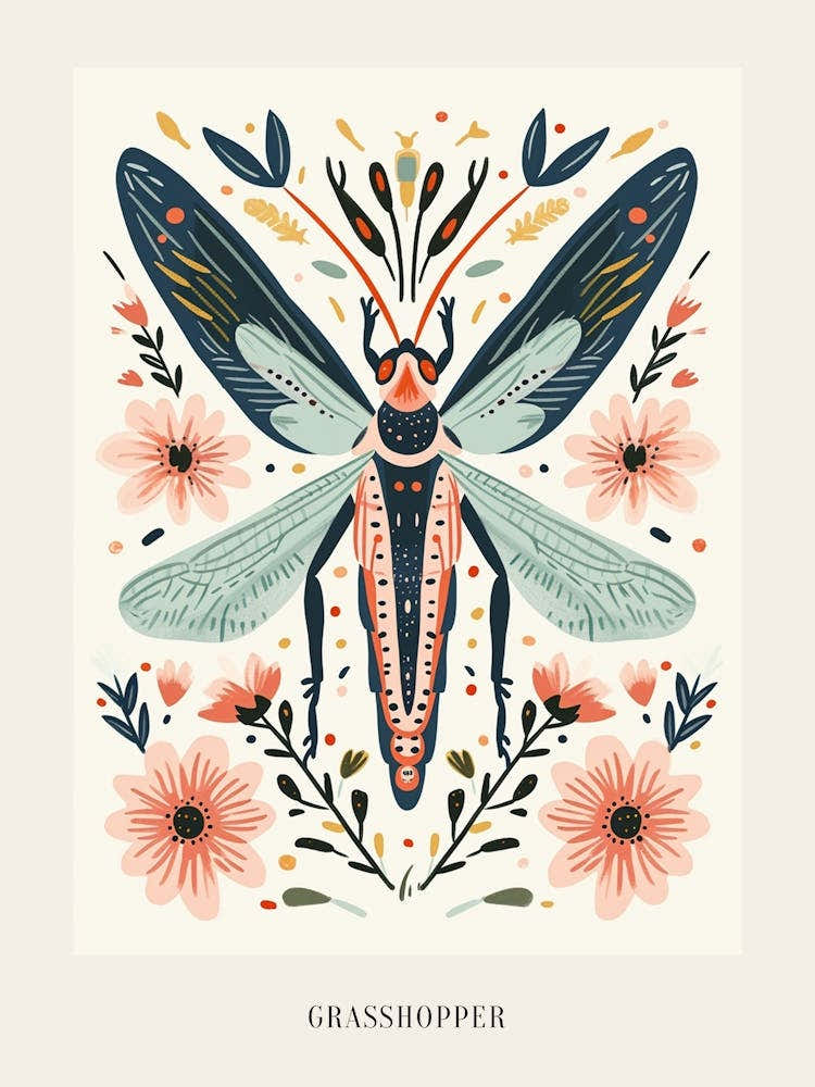 Colourful Insect Illustration Grasshopper 2 Poster