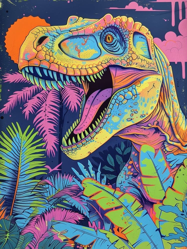 Neon T Rex Dinosaur Leaf Illustration